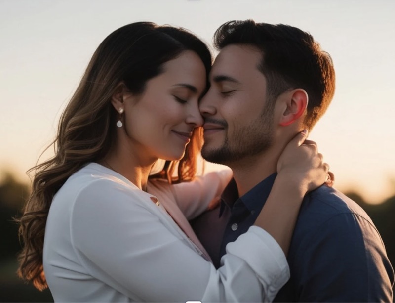 Casal se abraçando com luz dourada, em um momento de intimidade